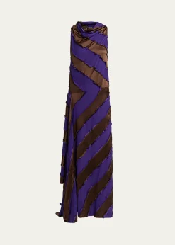 ZANKOVCowl-Neck Striped Silk Asymmetric Maxi Dress